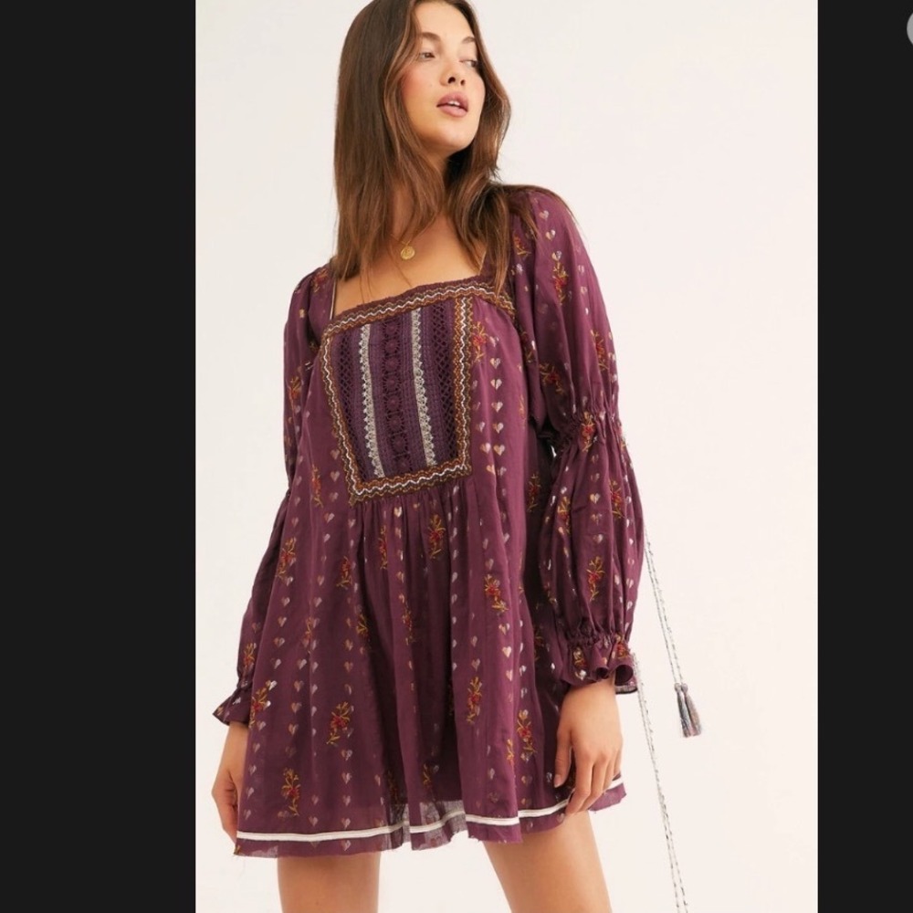 Free People Celestial festival Dress Small Swiss Miss Purple Embroidered Lace